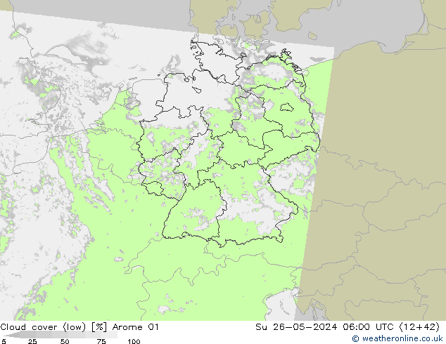 Cloud cover (low) Arome 01 Su 26.05.2024 06 UTC