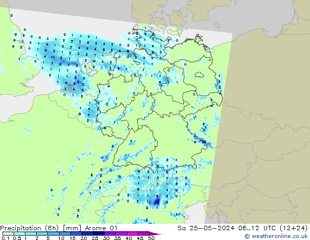 Precipitazione (6h) Arome 01 sab 25.05.2024 12 UTC