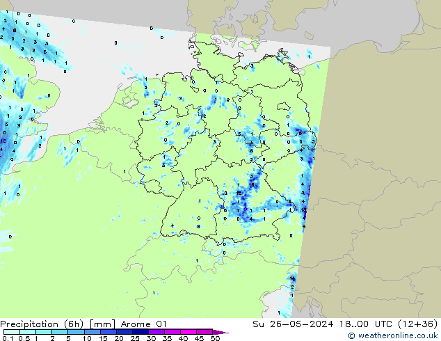 Precipitación (6h) Arome 01 dom 26.05.2024 00 UTC