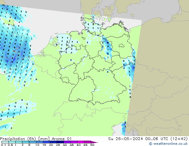Precipitation (6h) Arome 01 Su 26.05.2024 06 UTC