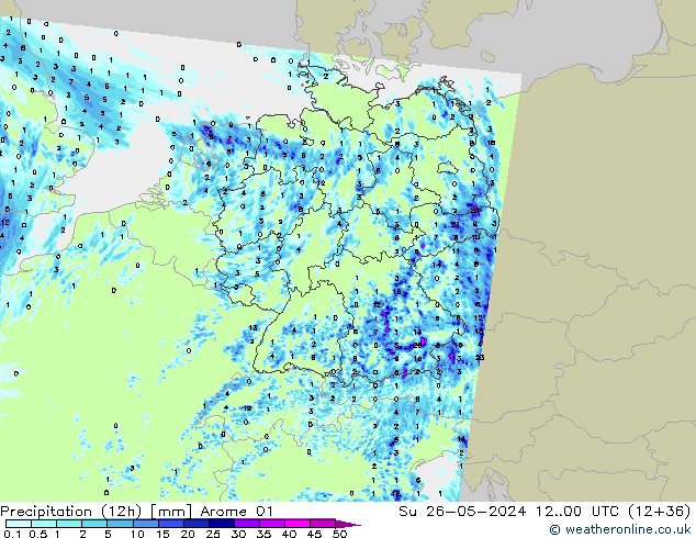 осадки (12h) Arome 01 Вс 26.05.2024 00 UTC