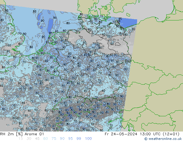 RH 2m Arome 01 Pá 24.05.2024 13 UTC