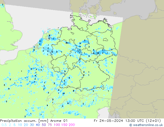 Precipitation accum. Arome 01 星期五 24.05.2024 13 UTC