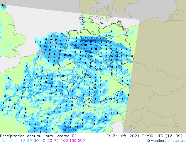 Totale neerslag Arome 01 vr 24.05.2024 21 UTC