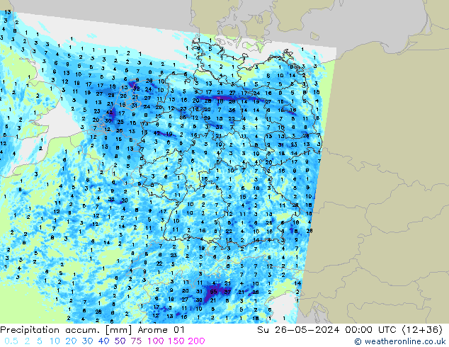 Precipitation accum. Arome 01 Su 26.05.2024 00 UTC