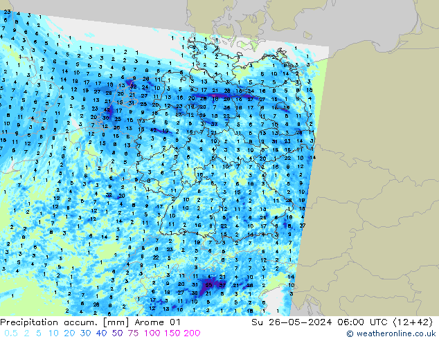 Totale neerslag Arome 01 zo 26.05.2024 06 UTC