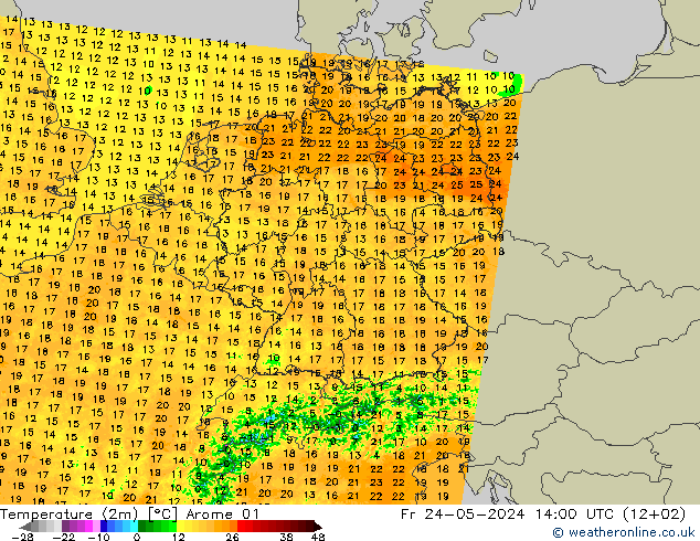 Temperature (2m) Arome 01 Fr 24.05.2024 14 UTC