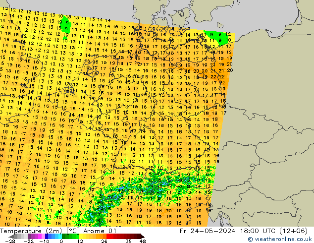 Temperature (2m) Arome 01 Fr 24.05.2024 18 UTC