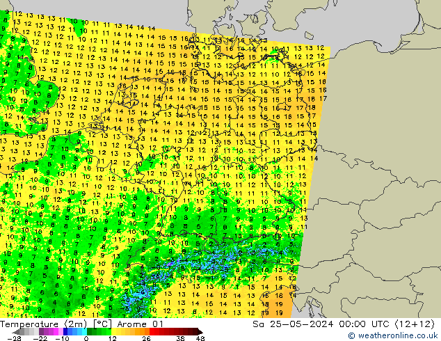 Temperaturkarte (2m) Arome 01 Sa 25.05.2024 00 UTC