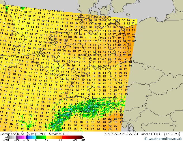 Temperatuurkaart (2m) Arome 01 za 25.05.2024 08 UTC