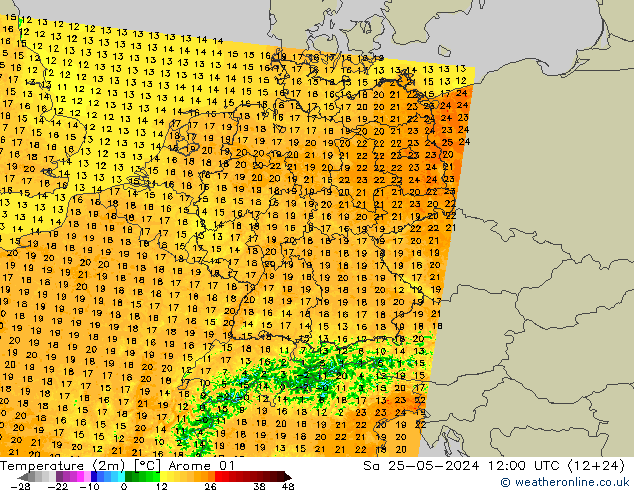 Temperaturkarte (2m) Arome 01 Sa 25.05.2024 12 UTC