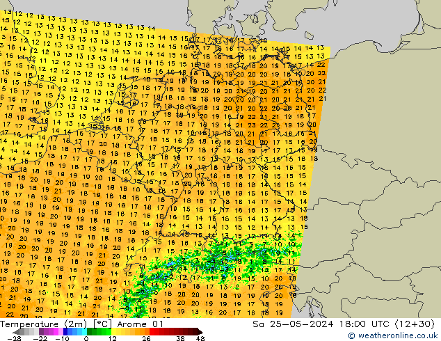 карта температуры Arome 01 сб 25.05.2024 18 UTC