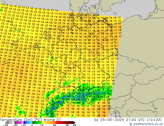 mapa temperatury (2m) Arome 01 so. 25.05.2024 21 UTC