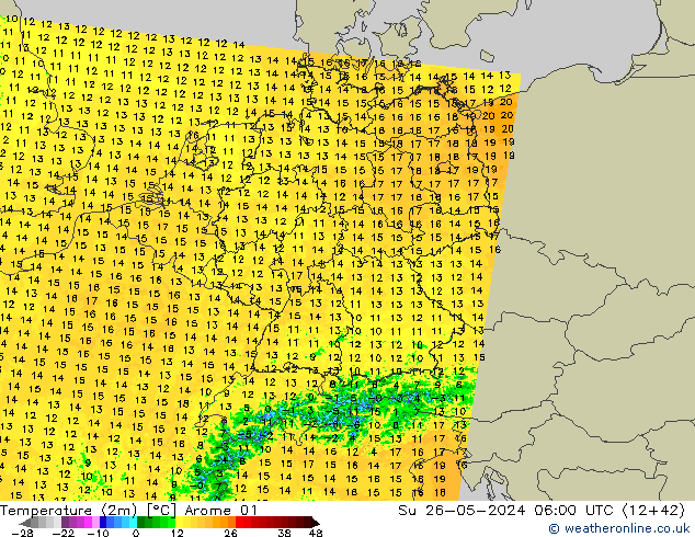 Temperatuurkaart (2m) Arome 01 zo 26.05.2024 06 UTC