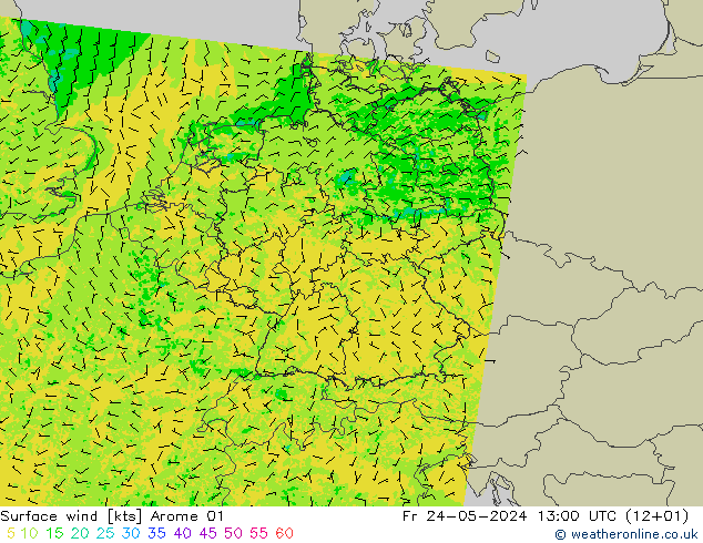 wiatr 10 m Arome 01 pt. 24.05.2024 13 UTC