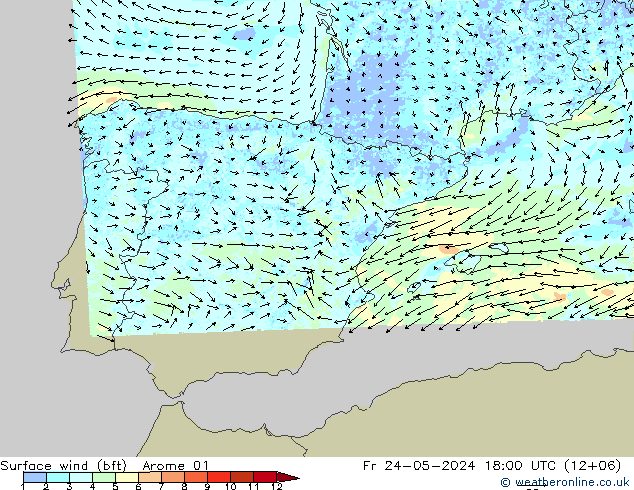 Bodenwind (bft) Arome 01 Fr 24.05.2024 18 UTC