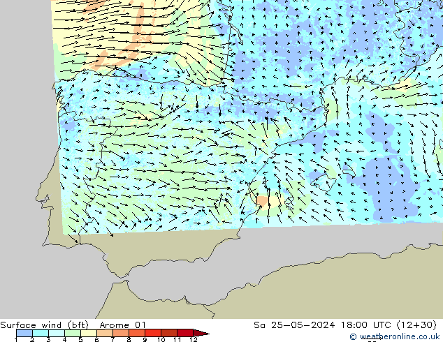 Surface wind (bft) Arome 01 So 25.05.2024 18 UTC