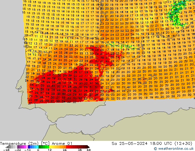 Temperatura (2m) Arome 01 Sáb 25.05.2024 18 UTC