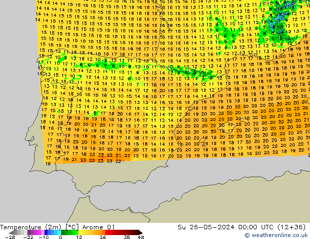 Temperatura (2m) Arome 01 dom 26.05.2024 00 UTC