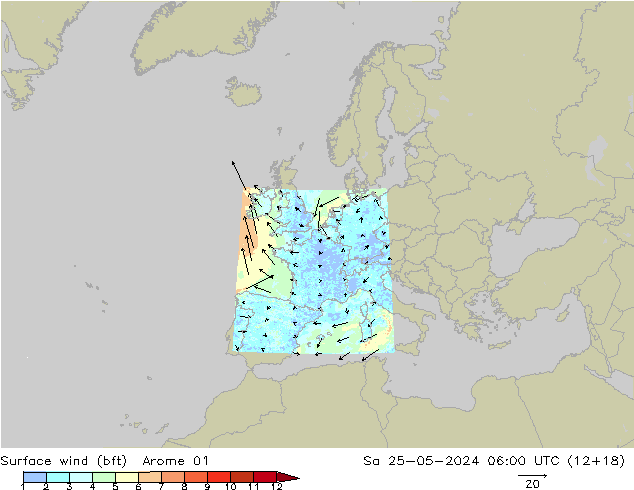 Wind 10 m (bft) Arome 01 za 25.05.2024 06 UTC