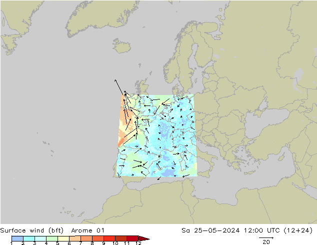 Wind 10 m (bft) Arome 01 za 25.05.2024 12 UTC