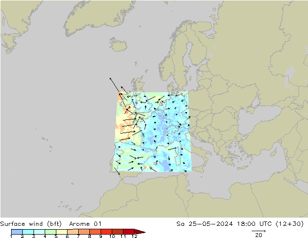 Vent 10 m (bft) Arome 01 sam 25.05.2024 18 UTC