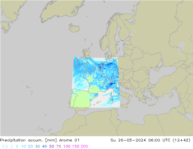 Totale neerslag Arome 01 zo 26.05.2024 06 UTC