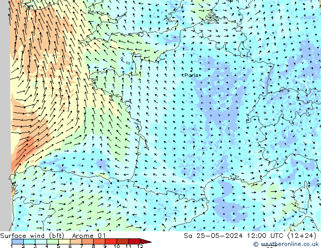 Rüzgar 10 m (bft) Arome 01 Cts 25.05.2024 12 UTC