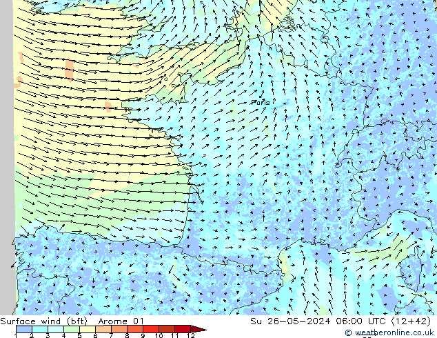 Surface wind (bft) Arome 01 Su 26.05.2024 06 UTC