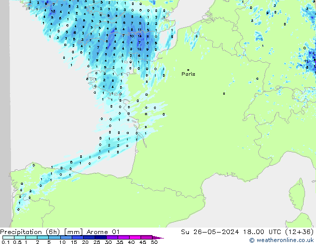 Precipitation (6h) Arome 01 Su 26.05.2024 00 UTC