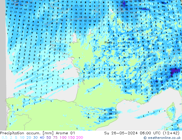 Precipitation accum. Arome 01 Su 26.05.2024 06 UTC