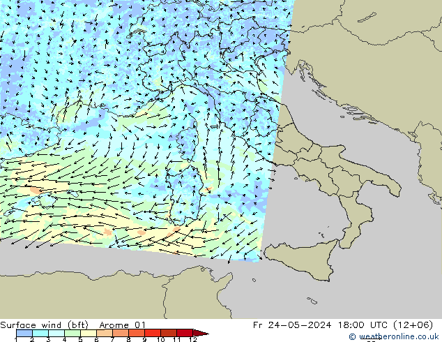 Wind 10 m (bft) Arome 01 vr 24.05.2024 18 UTC