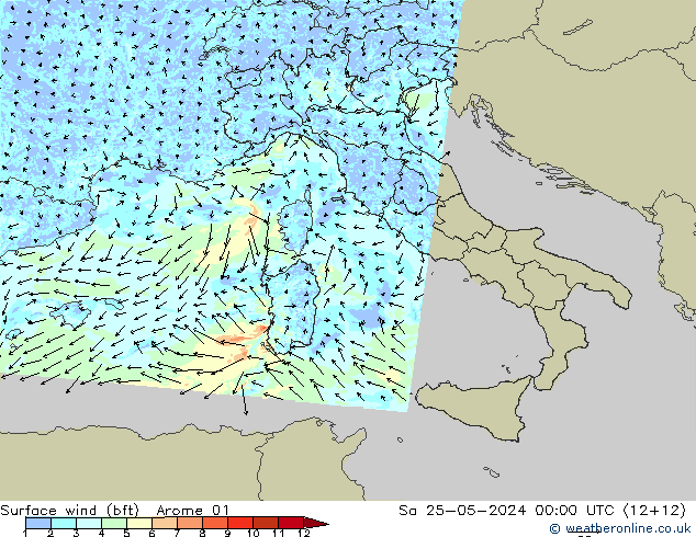 Wind 10 m (bft) Arome 01 za 25.05.2024 00 UTC