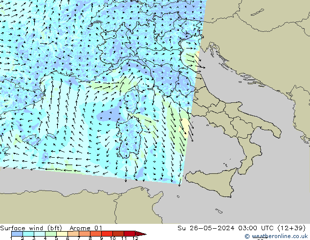 Vento 10 m (bft) Arome 01 dom 26.05.2024 03 UTC