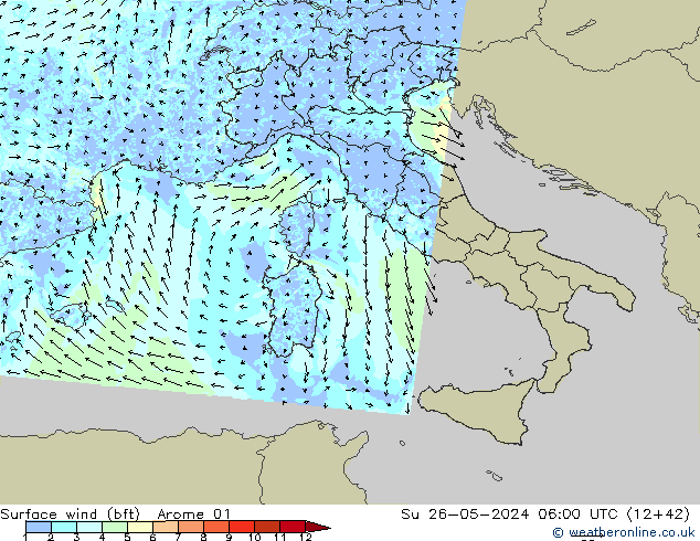 Vento 10 m (bft) Arome 01 dom 26.05.2024 06 UTC