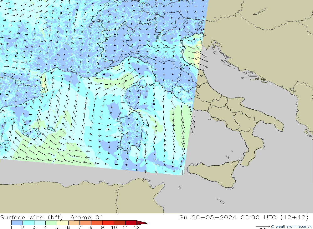  10 m (bft) Arome 01  26.05.2024 06 UTC