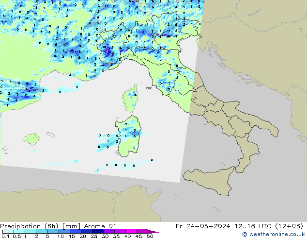 Totale neerslag (6h) Arome 01 vr 24.05.2024 18 UTC