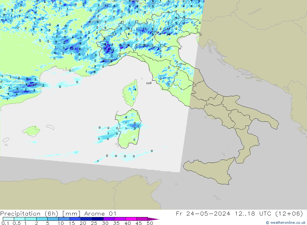 Totale neerslag (6h) Arome 01 vr 24.05.2024 18 UTC