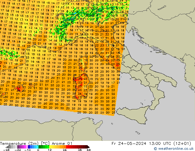 température (2m) Arome 01 ven 24.05.2024 13 UTC