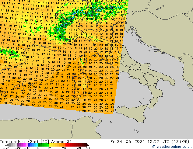 Temperatura (2m) Arome 01 vie 24.05.2024 18 UTC