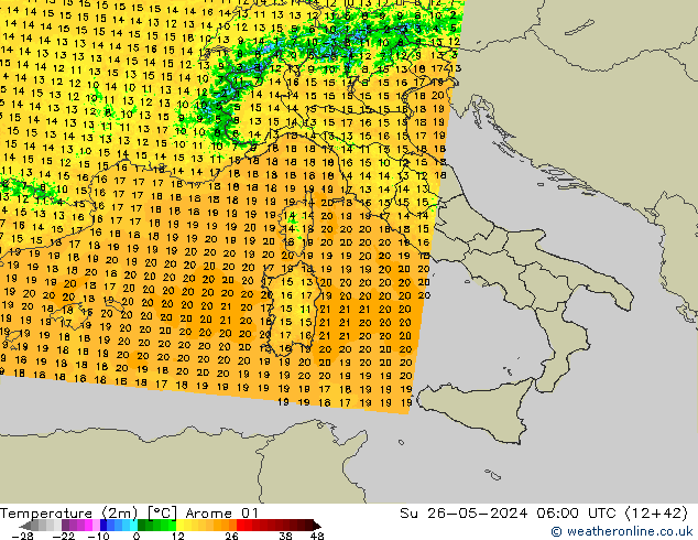 Temperatura (2m) Arome 01 dom 26.05.2024 06 UTC