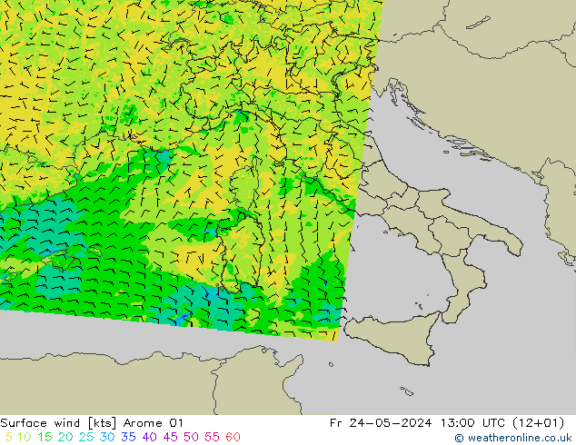 Rüzgar 10 m Arome 01 Cu 24.05.2024 13 UTC