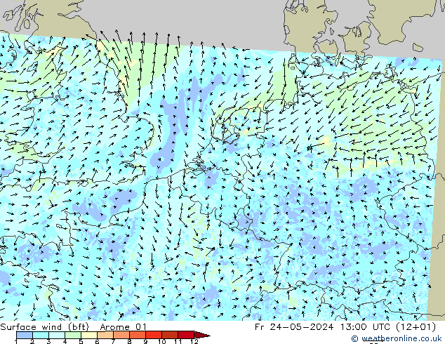 Bodenwind (bft) Arome 01 Fr 24.05.2024 13 UTC