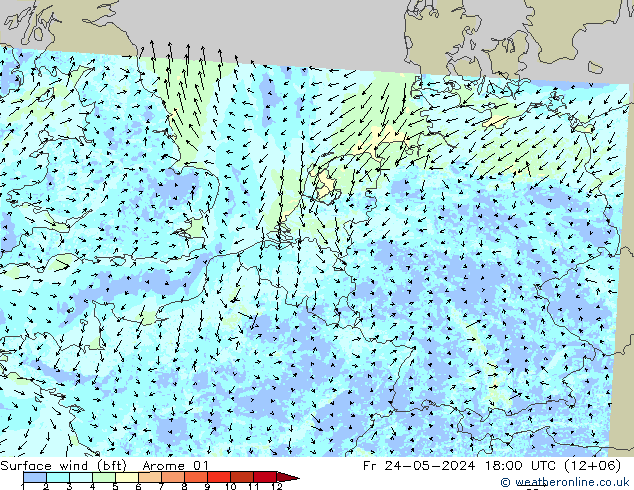 Surface wind (bft) Arome 01 Pá 24.05.2024 18 UTC