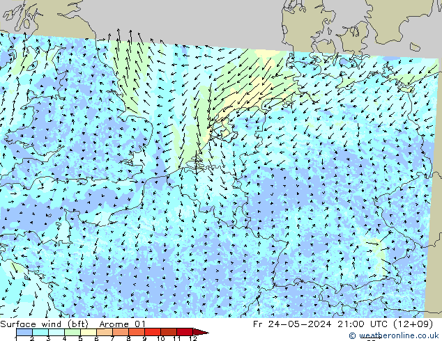 Wind 10 m (bft) Arome 01 vr 24.05.2024 21 UTC