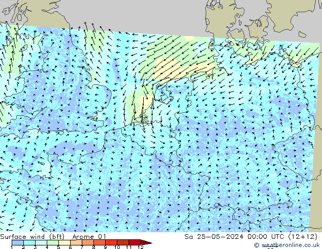 Bodenwind (bft) Arome 01 Sa 25.05.2024 00 UTC