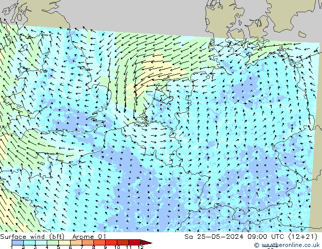 Vent 10 m (bft) Arome 01 sam 25.05.2024 09 UTC