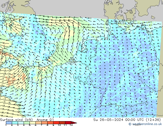 Bodenwind (bft) Arome 01 So 26.05.2024 00 UTC