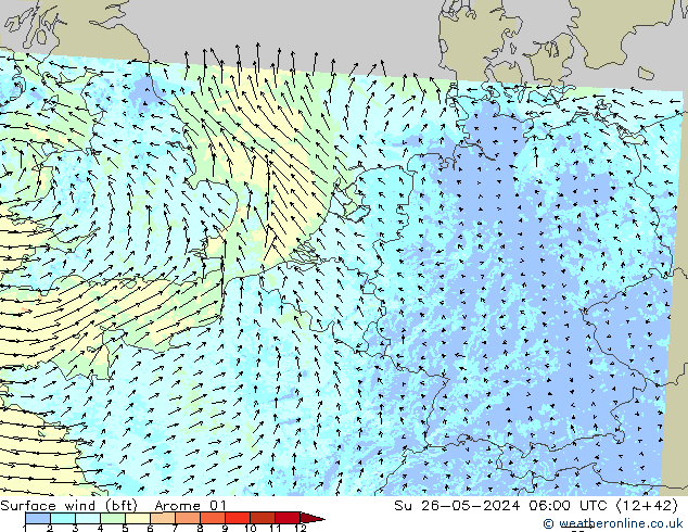 Surface wind (bft) Arome 01 Ne 26.05.2024 06 UTC