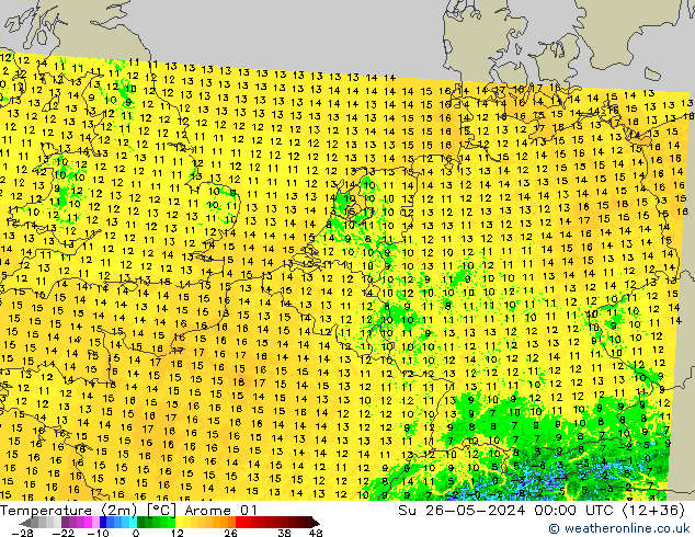 température (2m) Arome 01 dim 26.05.2024 00 UTC